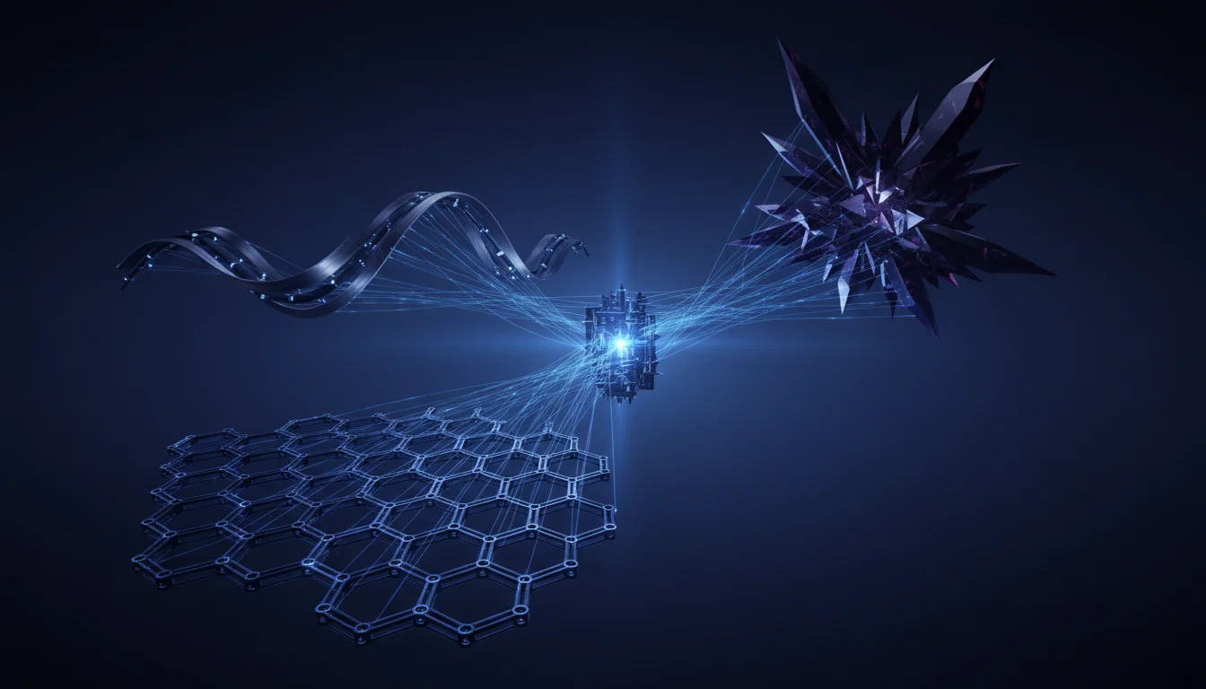 Three abstract geometric structures — a hexagonal lattice, a waveform, and a crystalline cluster — converging at a single luminous blue point in dark indigo space