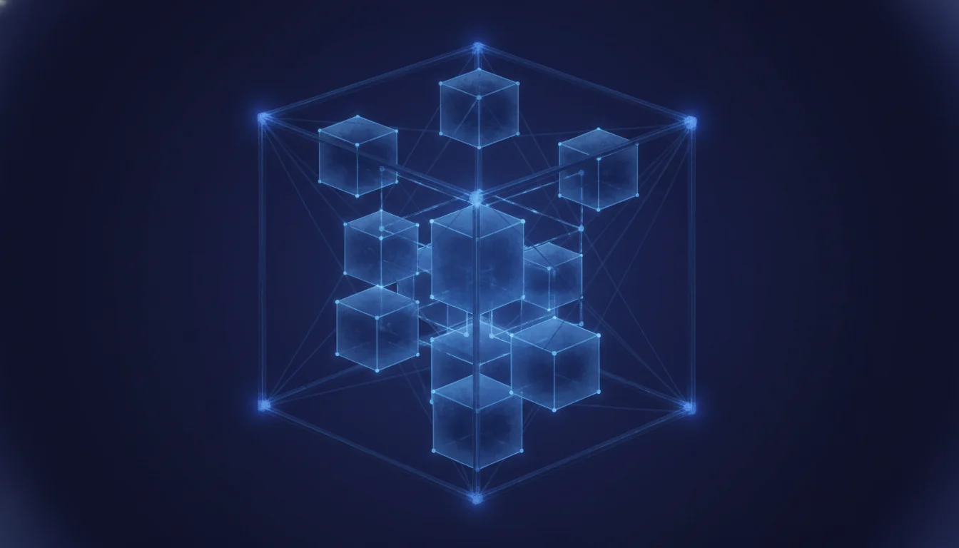 Nested translucent geometric cubes connected by thin glowing blue lines — inner repositories within an outer monorepo framework