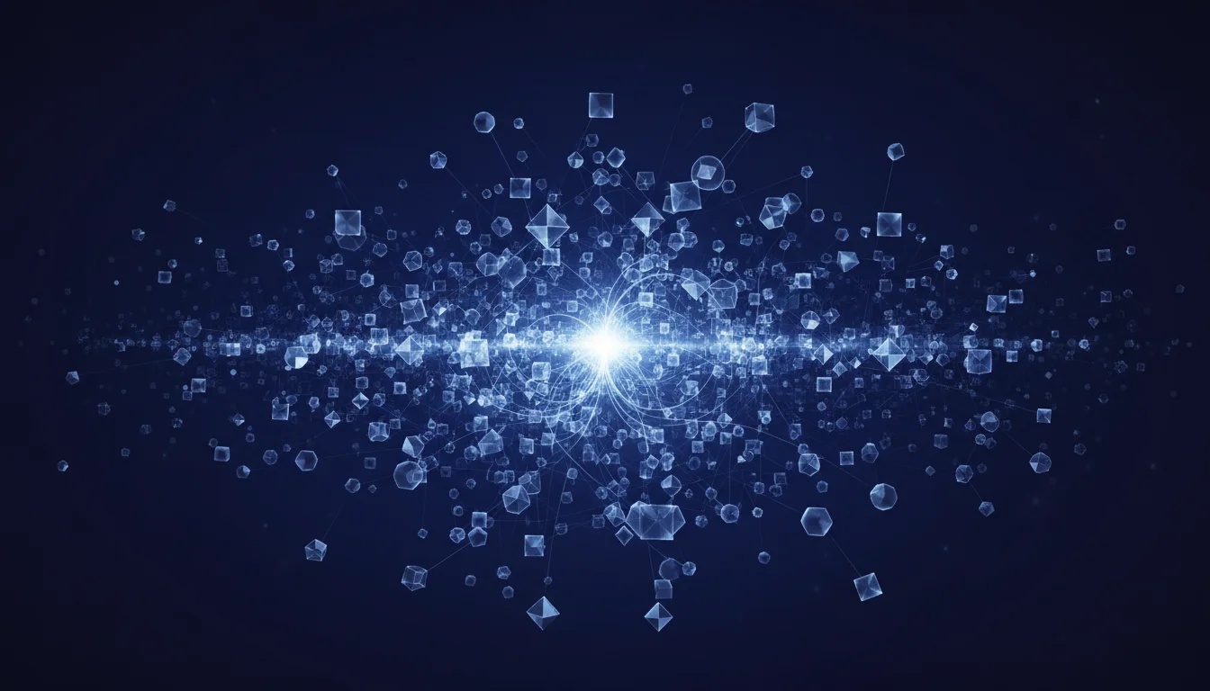 A vast constellation of geometric nodes scattered in dark indigo space, organized by a single bright blue central light