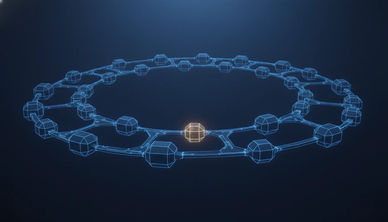 A glowing circular pipeline of agent nodes in deep indigo space, with one amber gate node at the junction