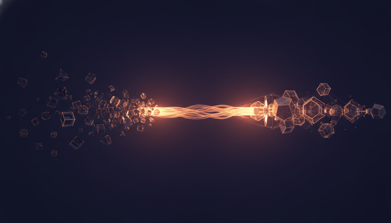 A luminous conduit connecting scattered fragments on the left to clean organised nodes on the right, pulsing with amber light