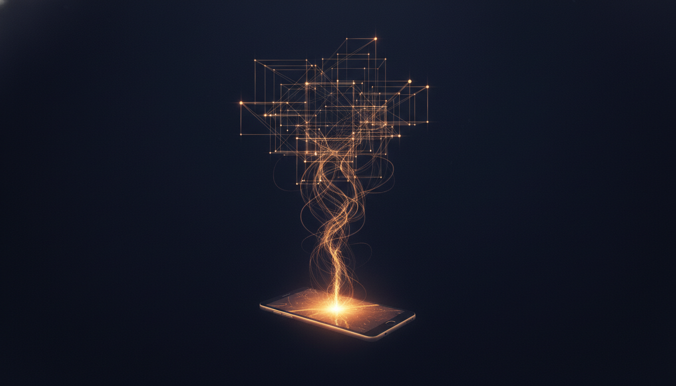A glowing phone screen in darkness, a bright message transforming into golden threads weaving into a structured constellation of nodes above