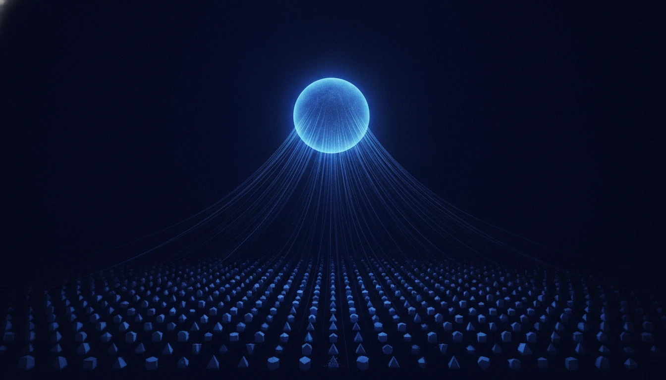 A single bright node high in dark indigo space, fine threads fanning down from it to a vast field of hundreds of small dim geometric forms receding into the dark