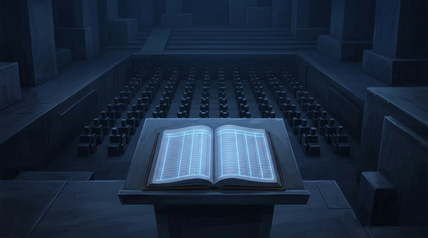 An open ledger glowing on a conductor's podium in a dark hall, rows of small identical forms arrayed behind it like an orchestra pit