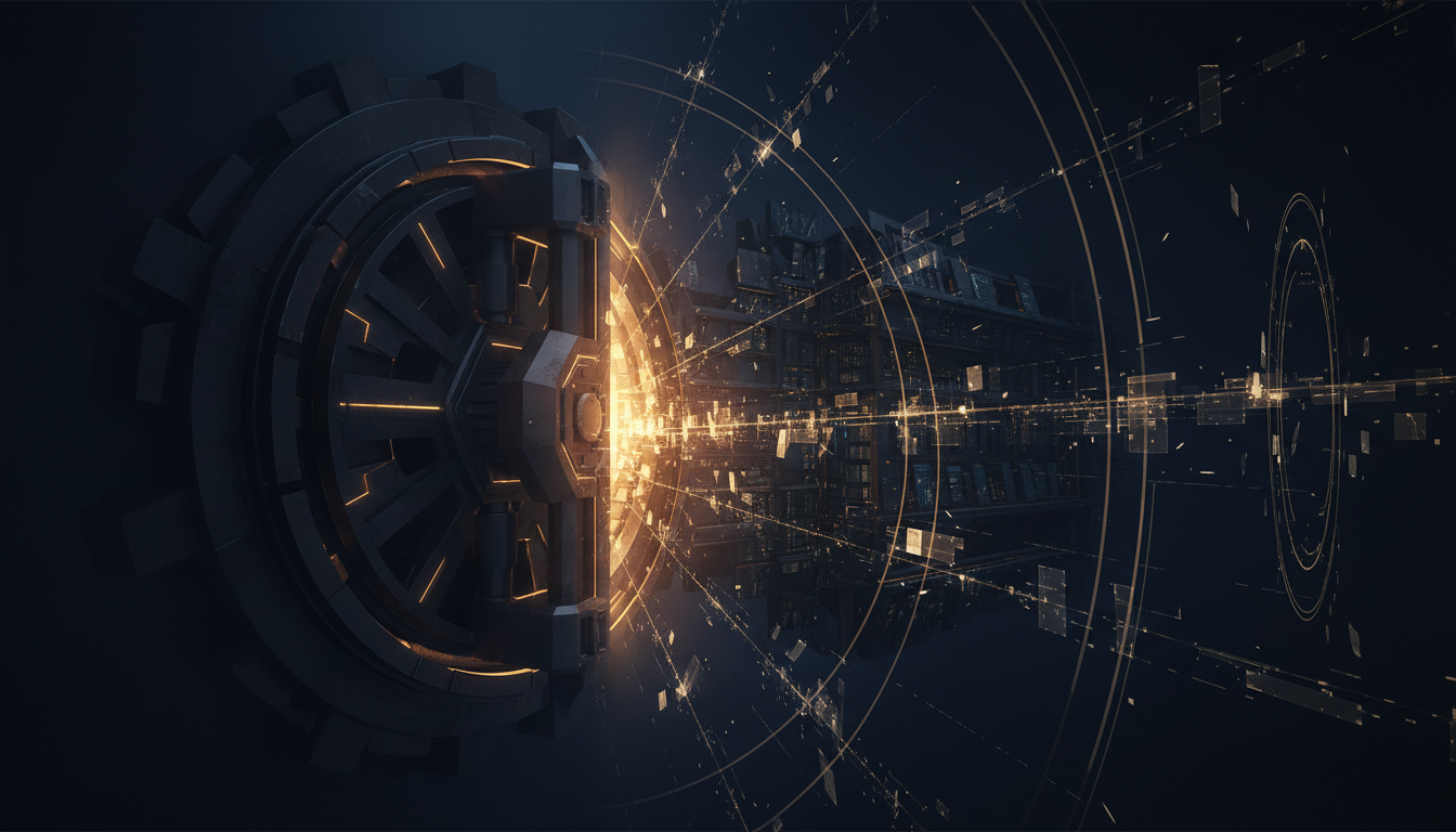 A vault door opening outward, warm light spilling out from dense layered knowledge inside, signals radiating into dark space beyond