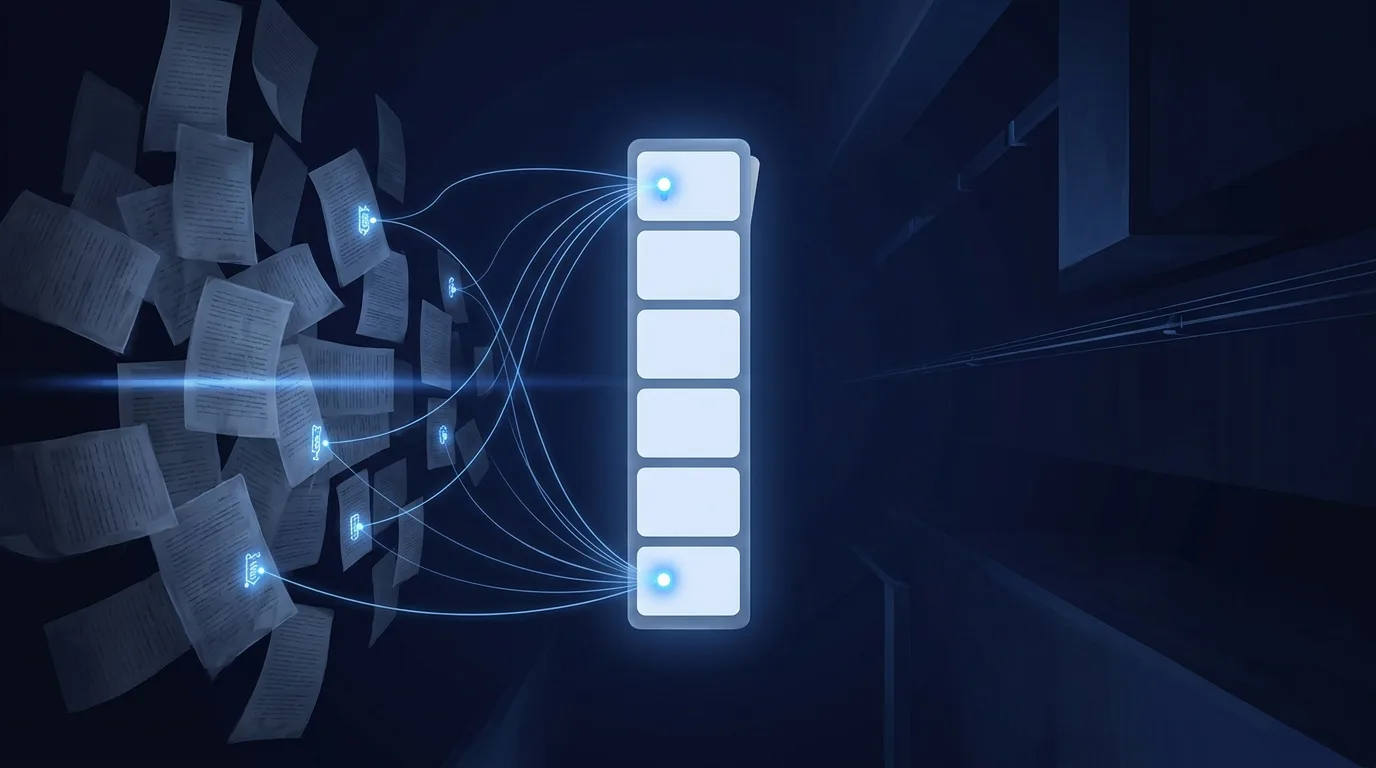 A drift of dense documents on the left, wired by threads of blue light to a single upright column of blank cards with two glowing pins, the threads curving back to small bright seals on the documents