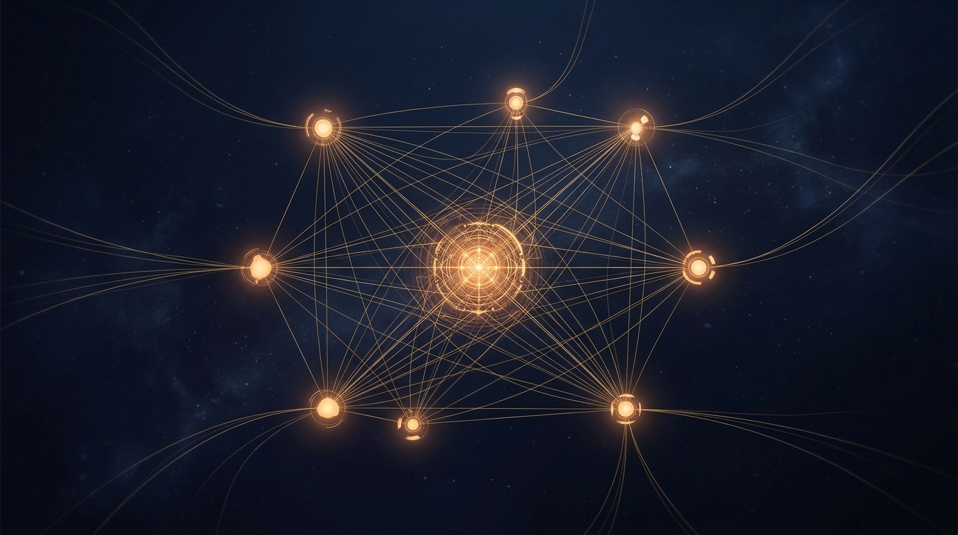 Seven luminous amber nodes arranged in a constellation pattern against deep indigo space, connected by fine golden threads converging to a radiant central core