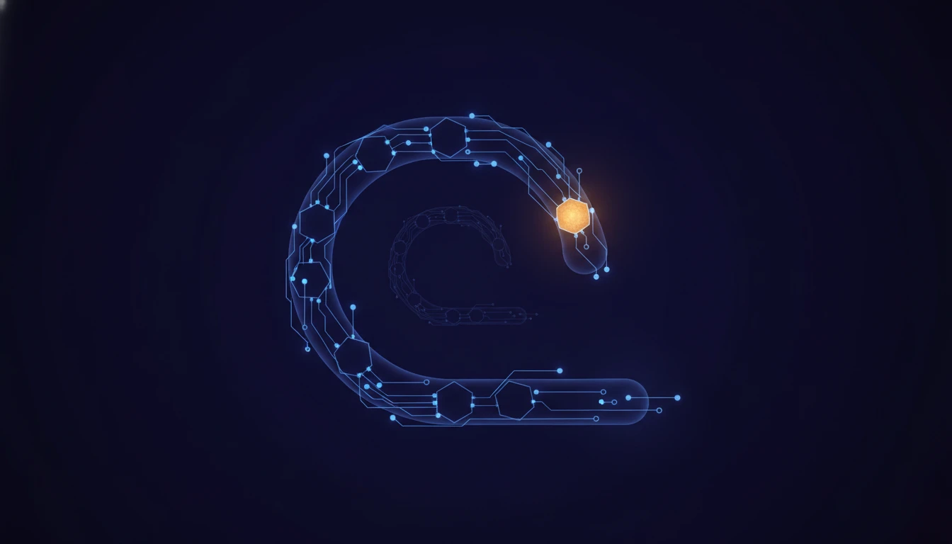 A luminous recursive loop pipeline curving back upon itself in deep indigo space, with one amber node at the recursion point