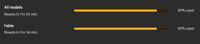 Claude subscription usage meters showing the all-model pool at 89 percent used and the Fable pool at 89 percent used, both resetting in 1 hour 54 minutes