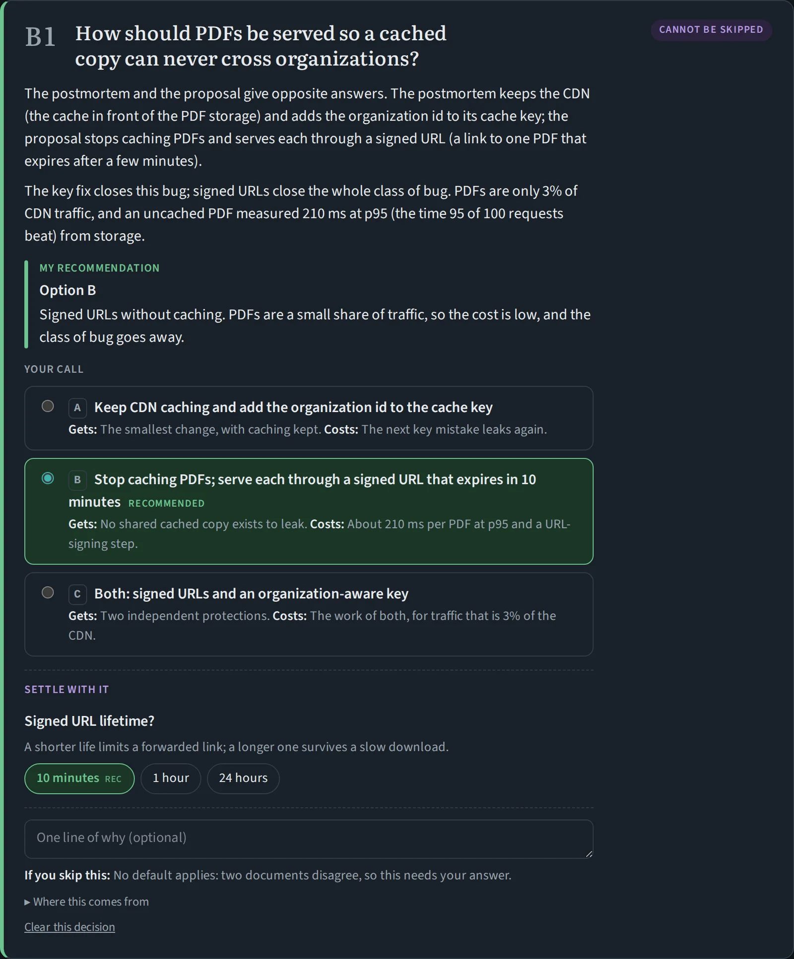 Decision card B1, pinned as cannot be skipped, asking how PDFs should be served so a cached copy can never cross organizations, with a sub-question offering signed URL lifetimes as clickable chips.