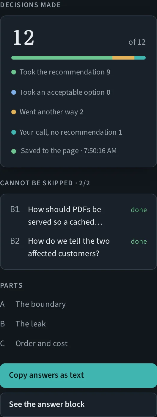 The docket's side rail after every card is answered, showing 12 of 12 decisions made, a bar splitting rulings that took the recommendation, went another way, or were the founder's own call where no recommendation was made, and both pinned cards ticked.