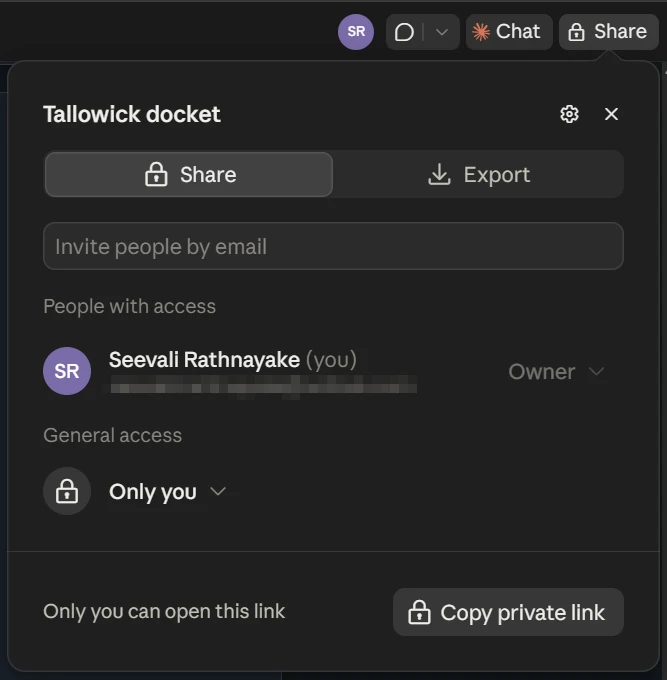 The Share menu of the fictional Tallowick docket: a field to invite people by email, general access set to Only you, and a Copy private link button.